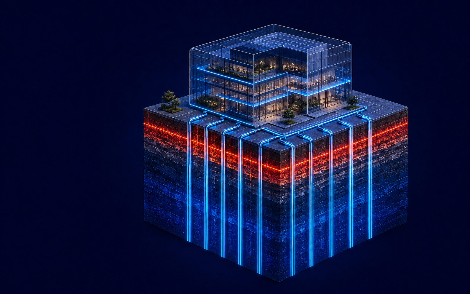 Cutaway visualization of a building connected to glowing geothermal ground loops