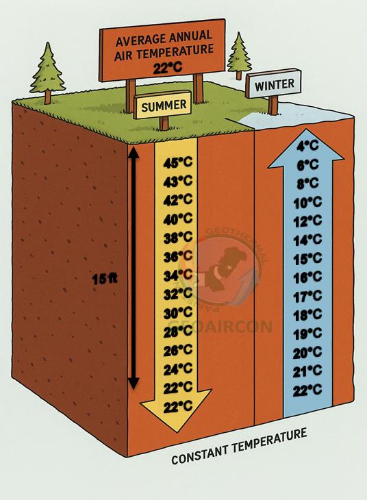 Diagram showing summer and winter temperatures converging toward 22 degrees Celsius underground