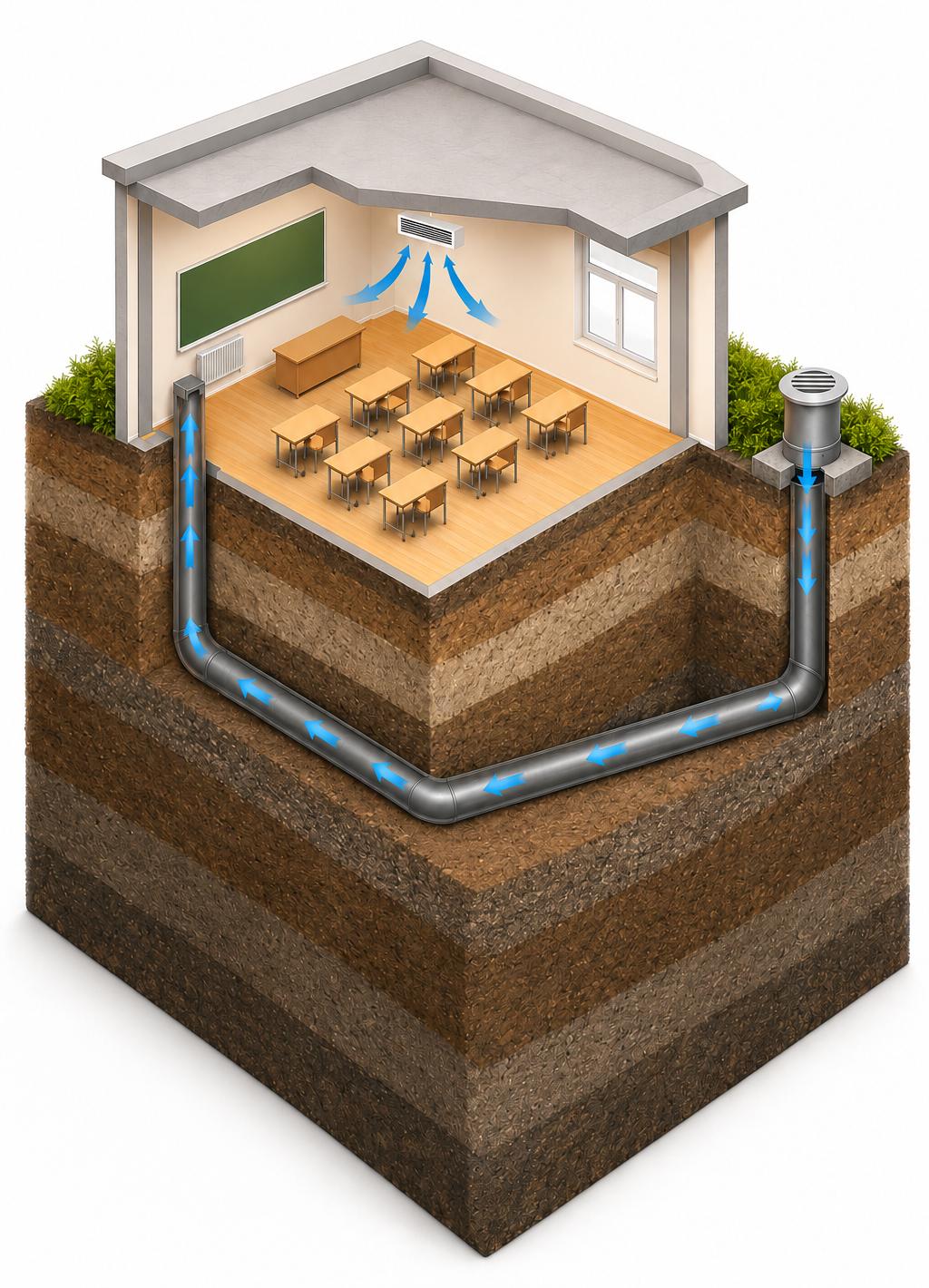 Cutaway illustration of a classroom supplied by a buried geo air tunnel