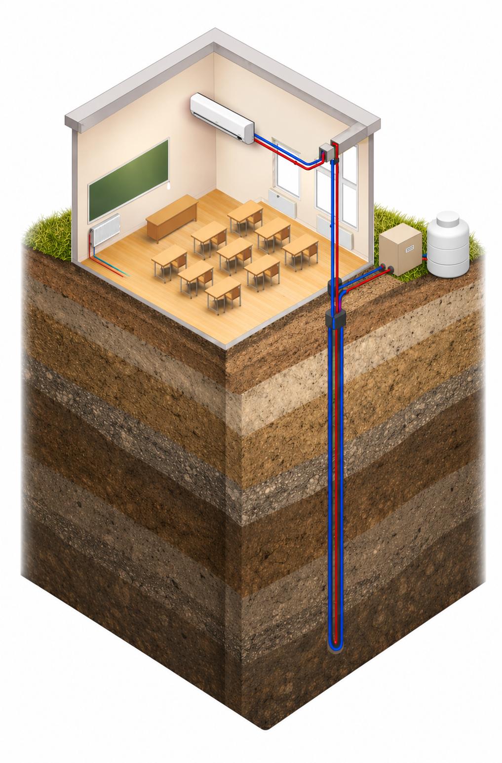 Cutaway illustration of a Geo AC connected to a vertical geothermal loop