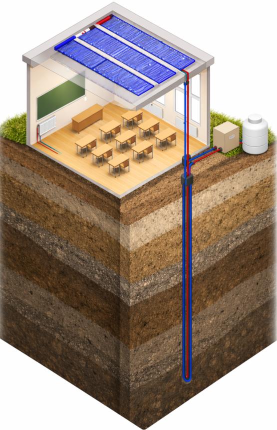 Cutaway illustration of a geothermal radiant roof connected to a vertical ground loop