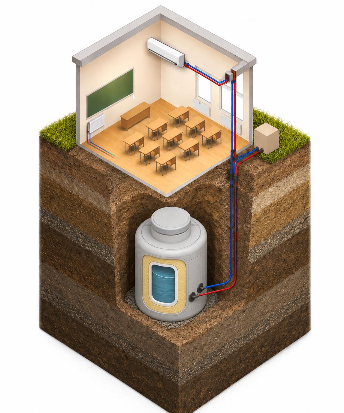 Cutaway illustration of a building connected to a buried thermal storage tank